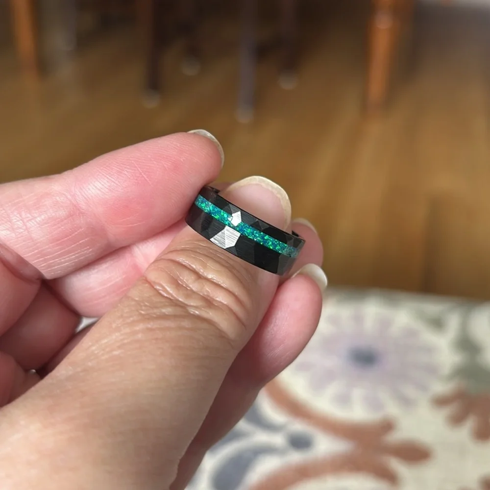 The Tyler Black - Green Opal /‎ Tungsten Men's Wedding Band Hammered